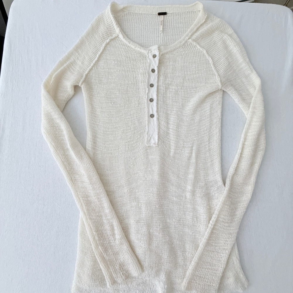 Free People Henley Top Womens XS White Long Sleeve Wool Blend Sheer Knit Boho